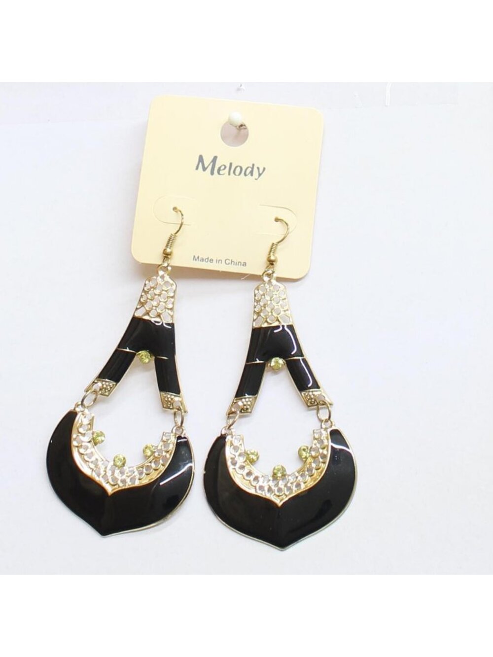 NWT Melody Womens Fashion Enamel Filigree Teardrop Earrings Gold / Black 3.5"